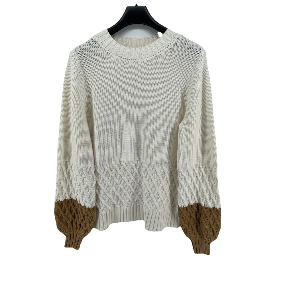 Cottagecore Sweater Women's XL Ivory Balloon Sleeve Cotton Blend Textured Boho